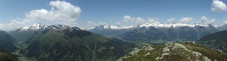 alpine, summer, panorama, mountains, landscape, nature, environment HD wallpaper