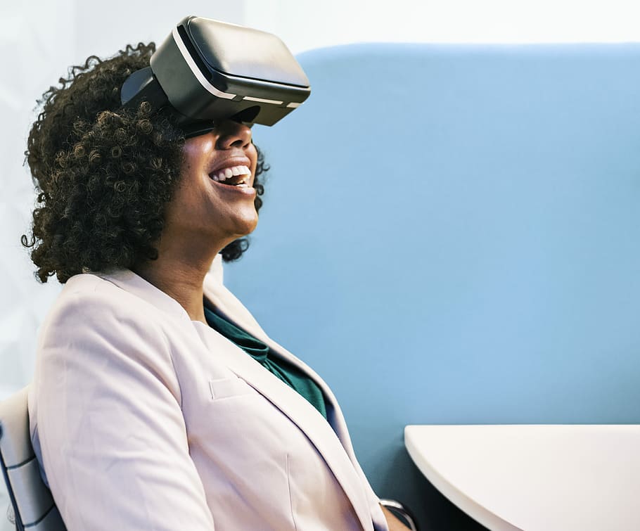 woman wearing virtual reality headset, simulation, sitting, technology, HD wallpaper