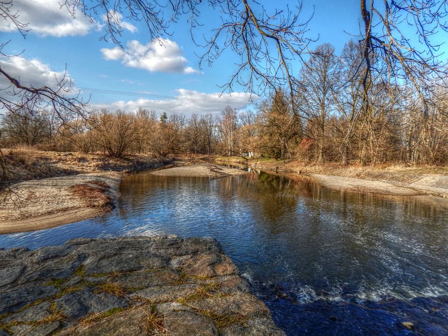 river, weir, bank, current, water, trees, river basin, sky HD wallpaper