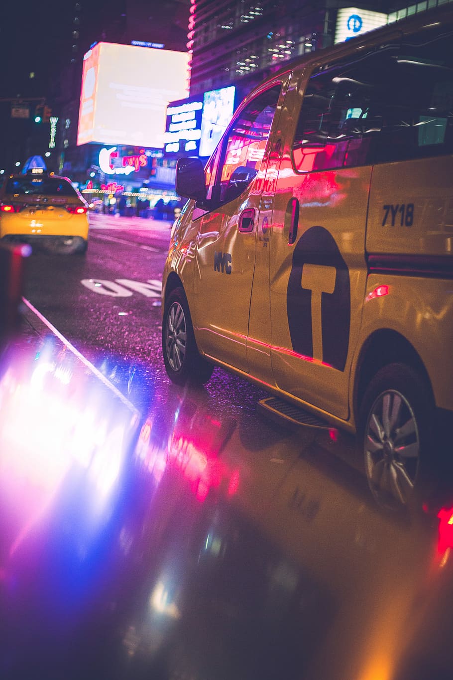 yellow minivan, yellow minivan on road, taxi, driver, cab, puddle HD wallpaper