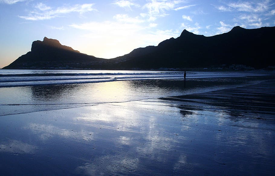 beach, sand, reflection, mountain, sunset, water, nature, landscape HD wallpaper