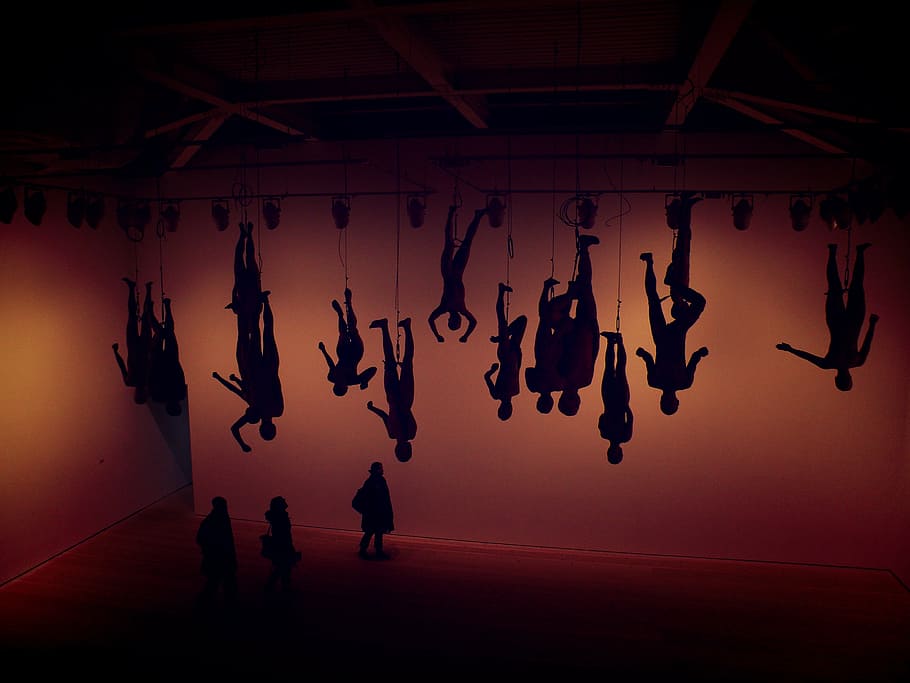 art, creative, hanging, light, museum, people, silhouette, group of people HD wallpaper