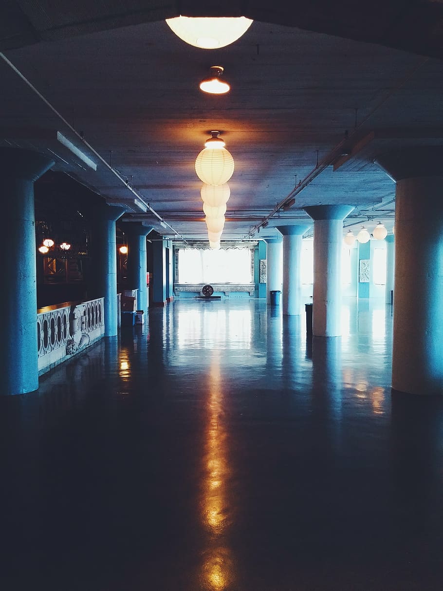 lighted building pathway, hallway, dark, corridor, interior HD wallpaper