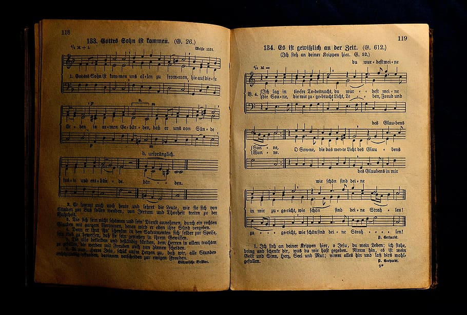 brown note sheets, book, antiquariat, hymnal, music, old book, HD wallpaper