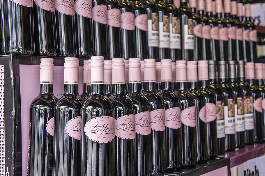 wine bottle lot, wine bottles on shelf, pink, drink, in a row, HD wallpaper