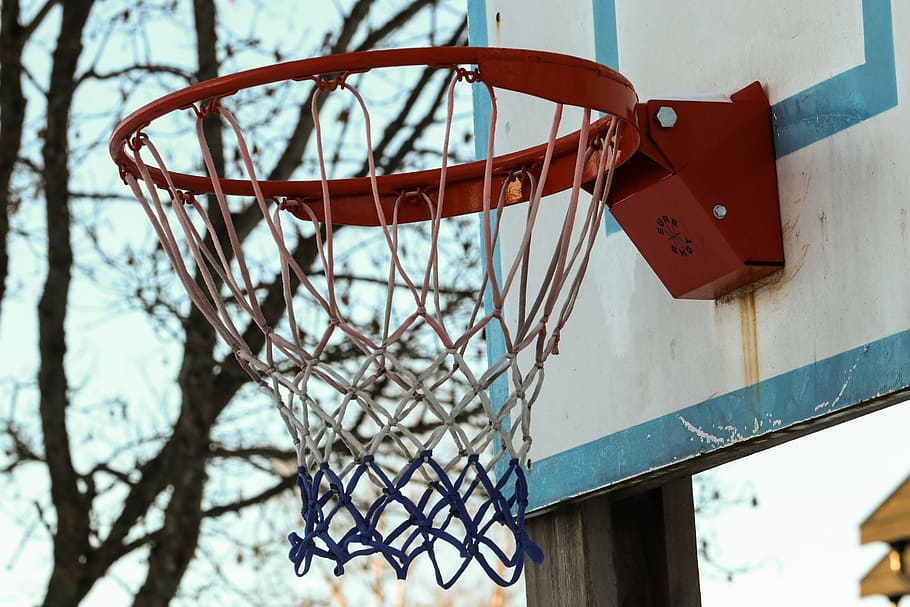red basketball hoop with board, sport, game, focus on foreground