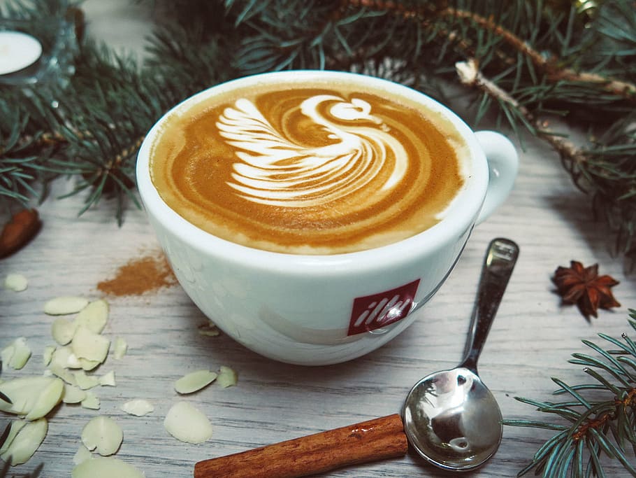serving of latte art swan in white ceramic coffee cup, caffe, HD wallpaper