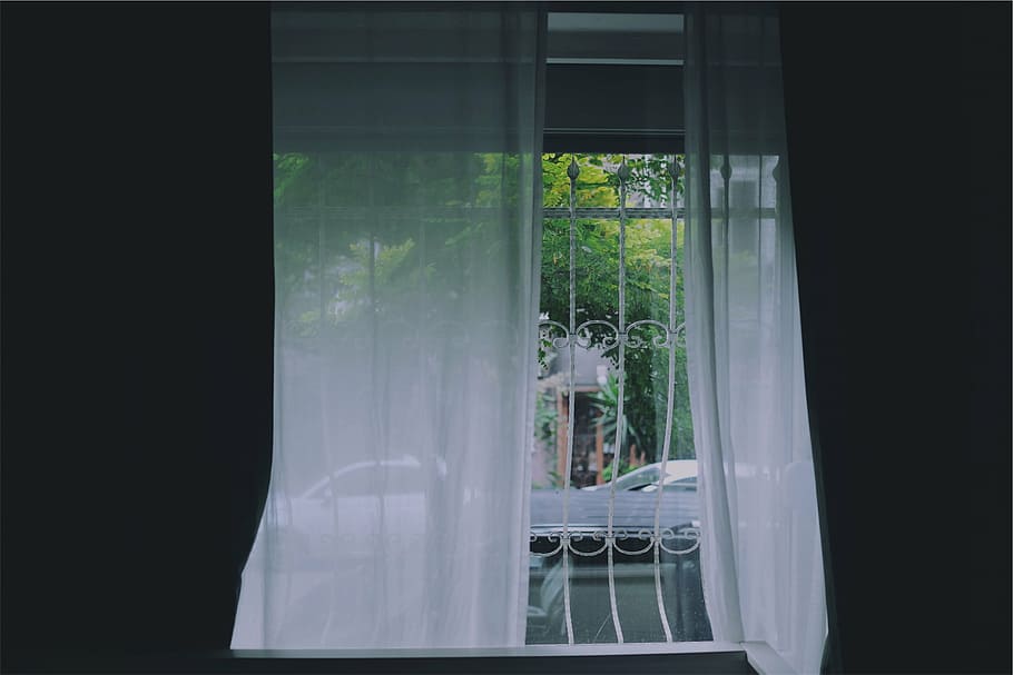 window covered with white mesh curtain, curtains, room, reflection HD wallpaper