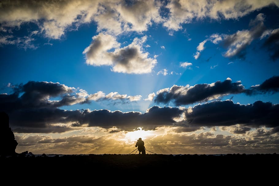 silhouette of person under blue sky, sunset, scene, beach, nature HD wallpaper