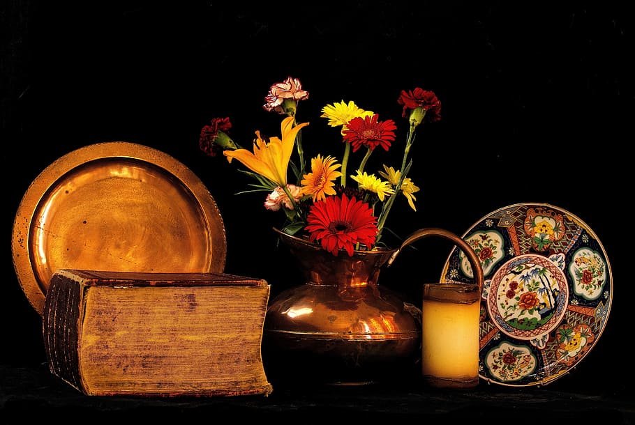 still - life, copper, book, light, colorful, flower, flowering plant HD wallpaper