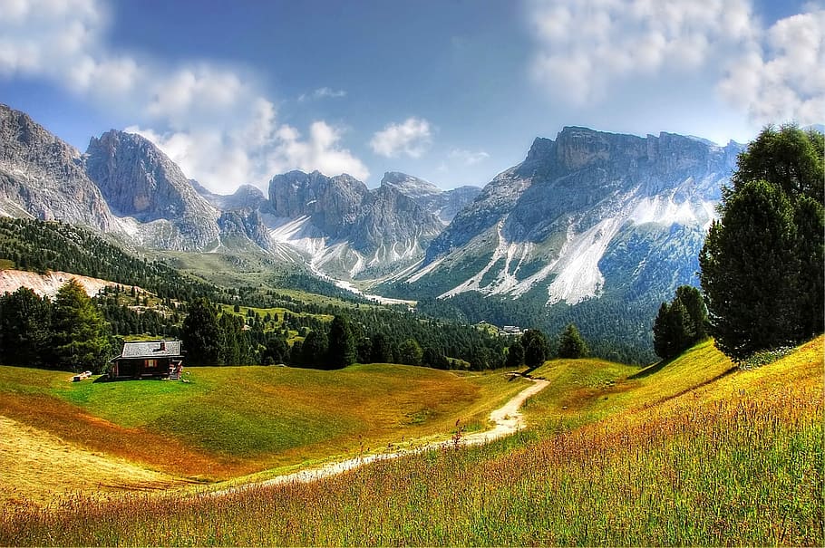 shed near mountain and trees, Dolomites, Mountains, Italy, South Tyrol, HD wallpaper