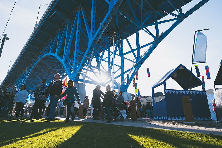 bridge, building, city, crowd, festival, outdoors, people, shadow HD wallpaper