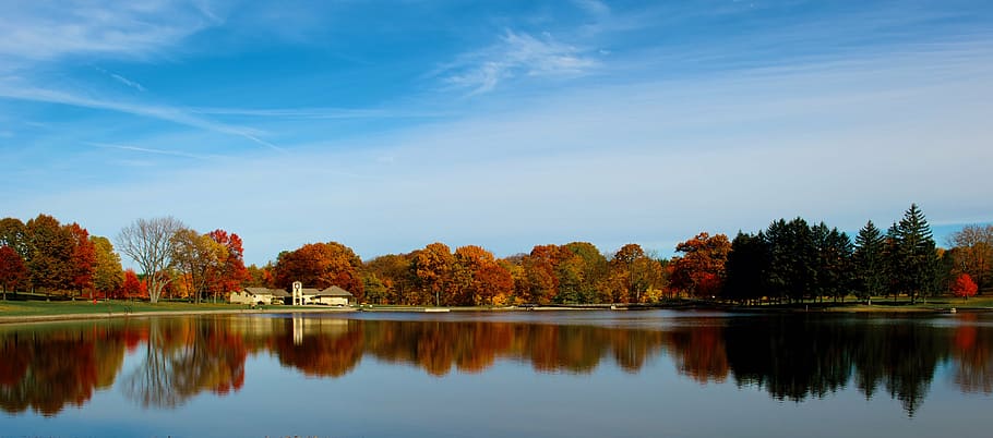 dawn, fall, house, lake, landscape, outdoors, reflection, river HD wallpaper