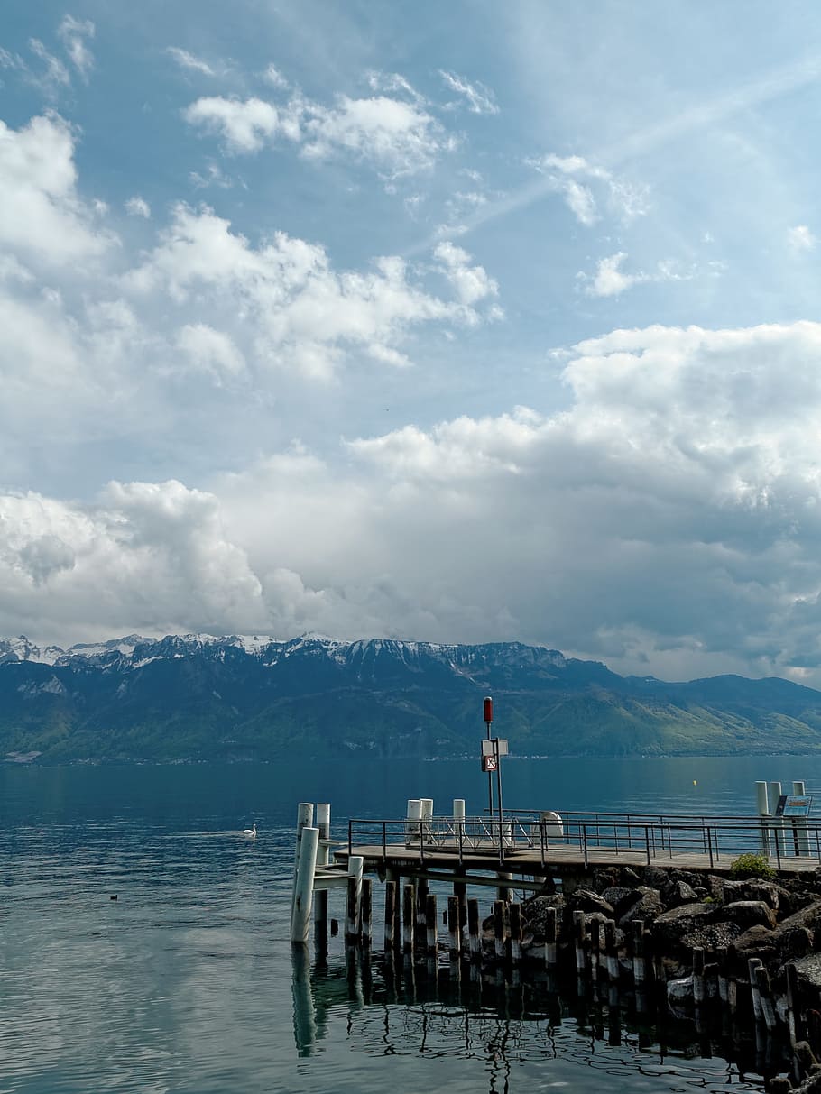 cully, jetty, geneva, lake, lac, leman, water, clouds, mountains HD wallpaper