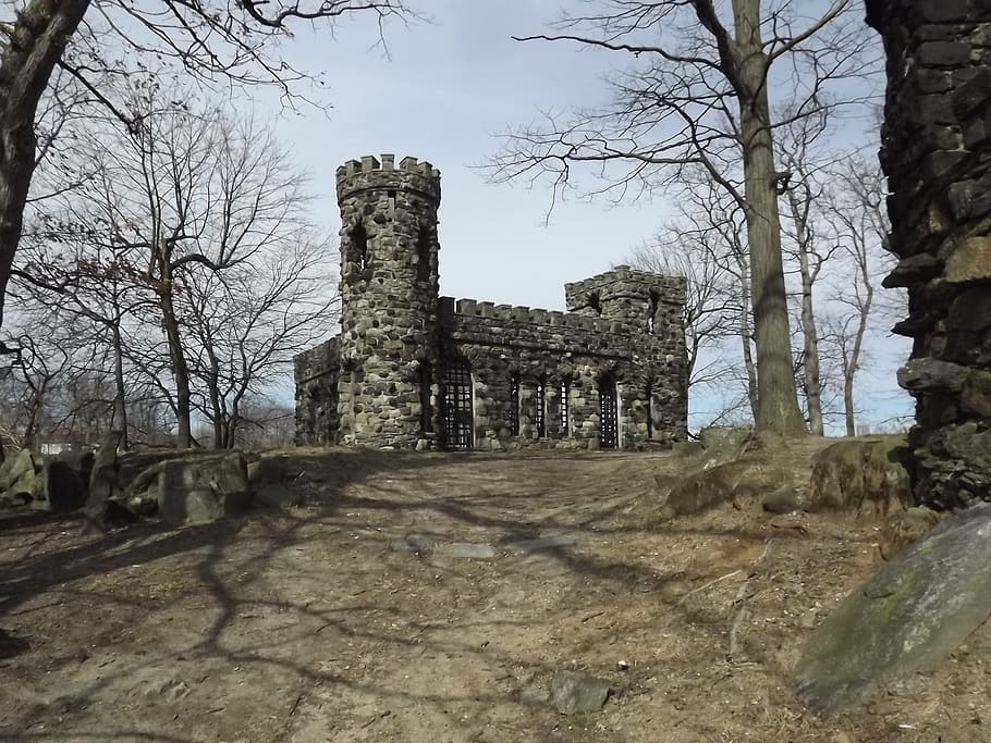 gray rock castle, trees, abandoned, forest, woods, old, historic HD wallpaper