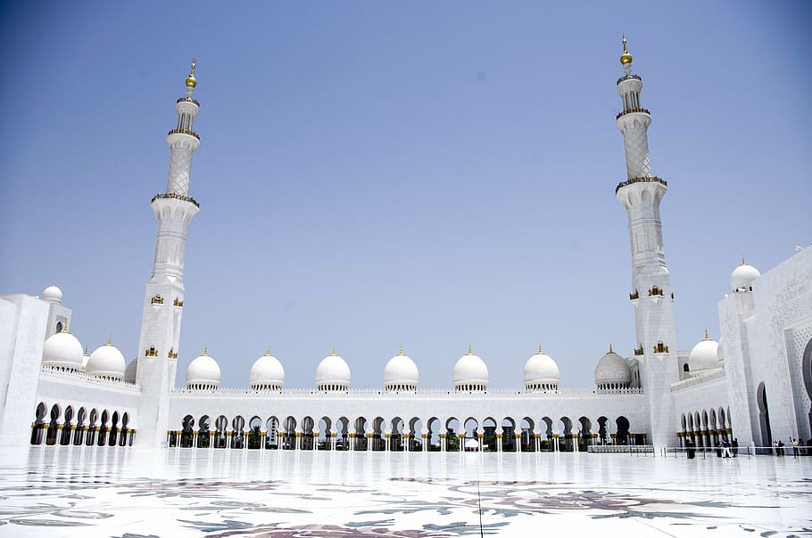 the grand mosque, white marble, islam, minaret, architecture, HD wallpaper
