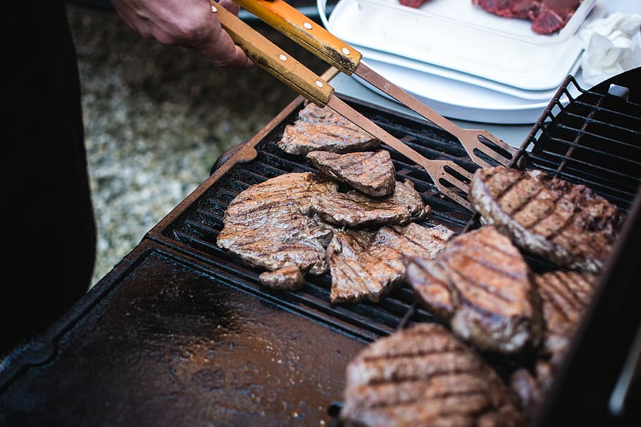 Beef steaks barbeque, cooking, grilling, hands, meat, outside HD wallpaper
