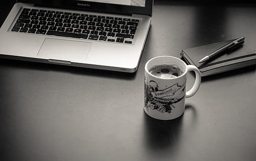 MaCbook Pro beside ceramic mug, computer, laptop, workplace HD wallpaper