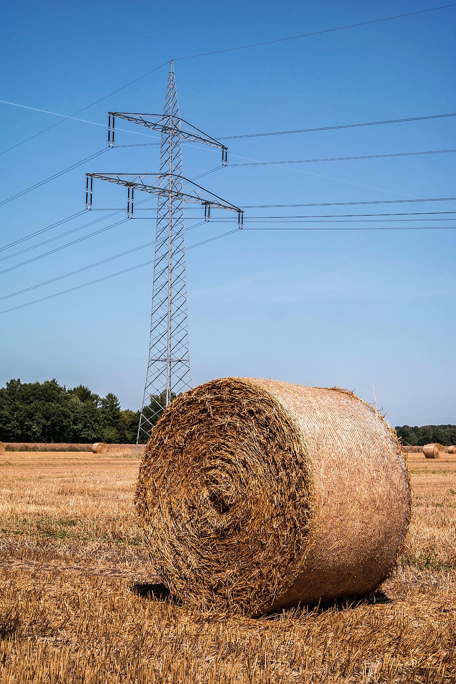 Current, Straw Bales, strommast, field, harvest, agriculture HD wallpaper