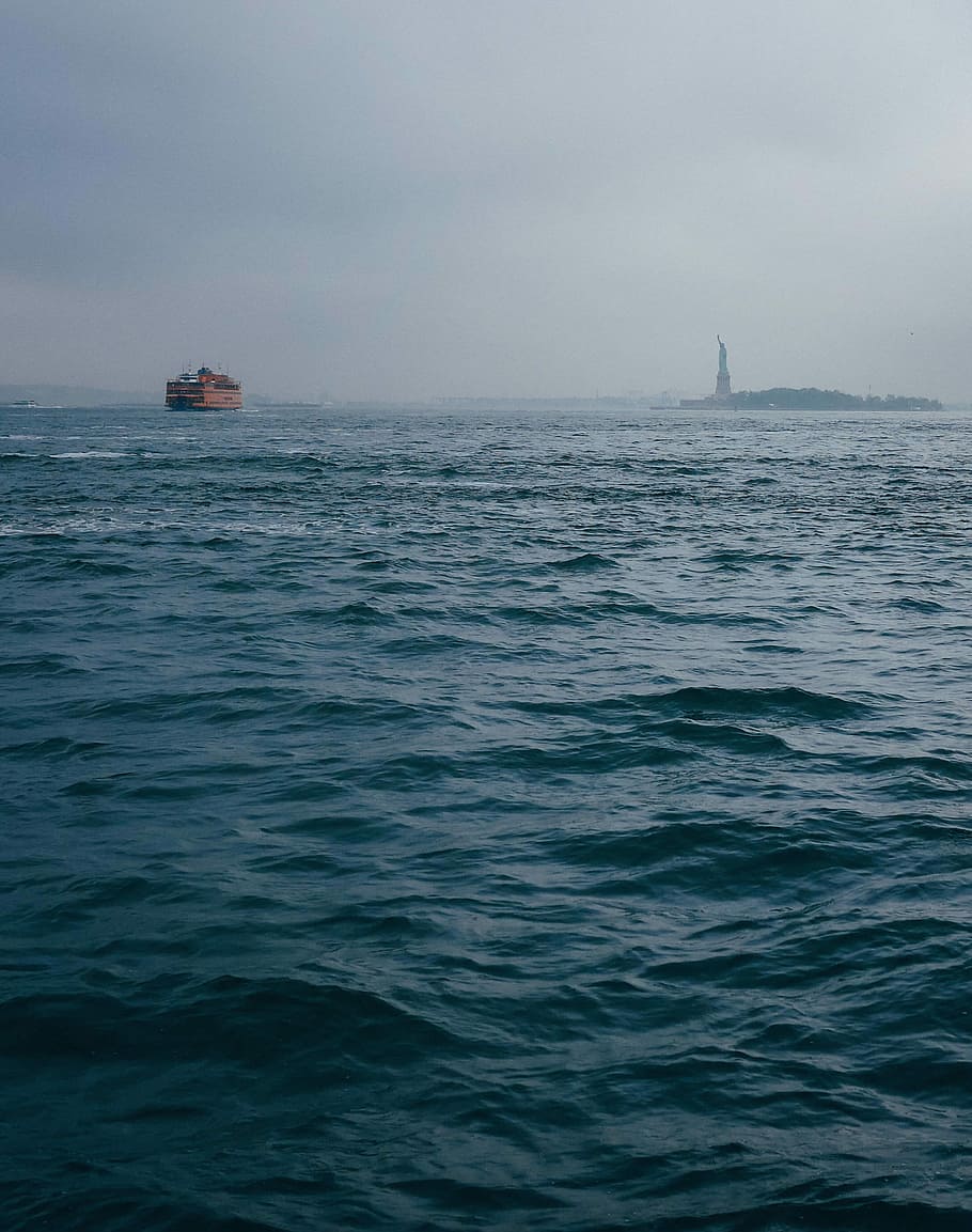 brown boat on body of water during foggy weather, ocean, sea HD wallpaper