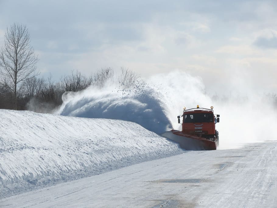 red snow thrower throwing snow, road, cleaning, blizzard, drifts HD wallpaper
