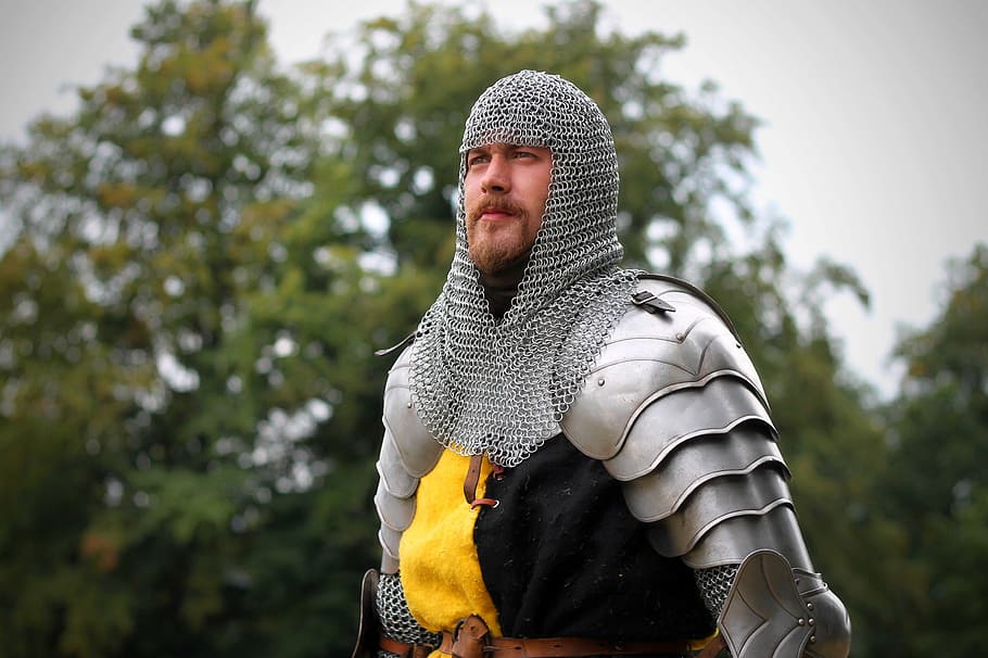 man wearing chain mail armor under bright sky, knight, fencing, HD wallpaper