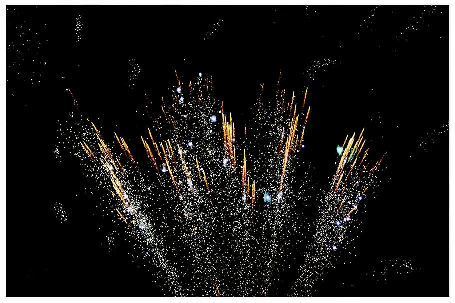 firecrackers exploding on sky, night, summer, night sky, black