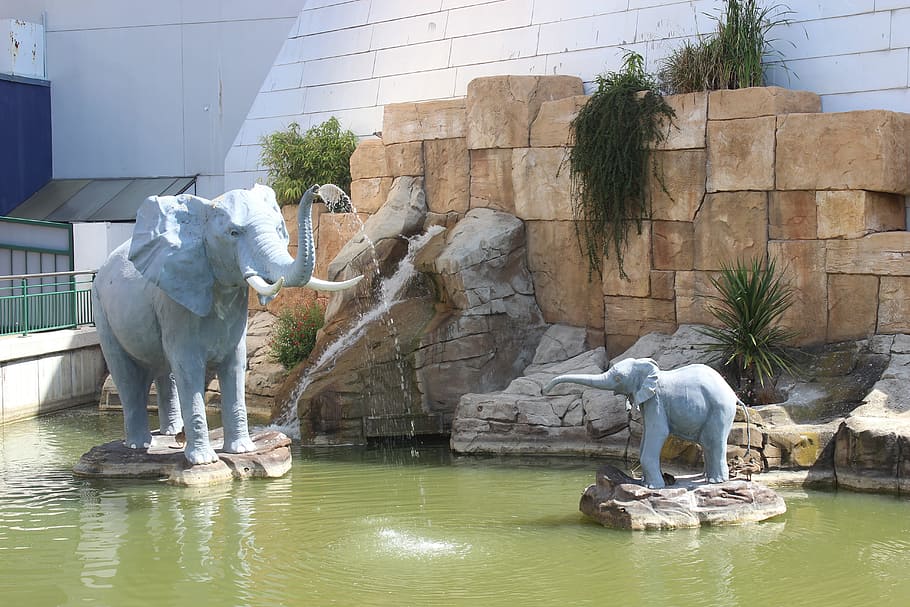 statues, elephants, basin, art and craft, sculpture, representation HD wallpaper