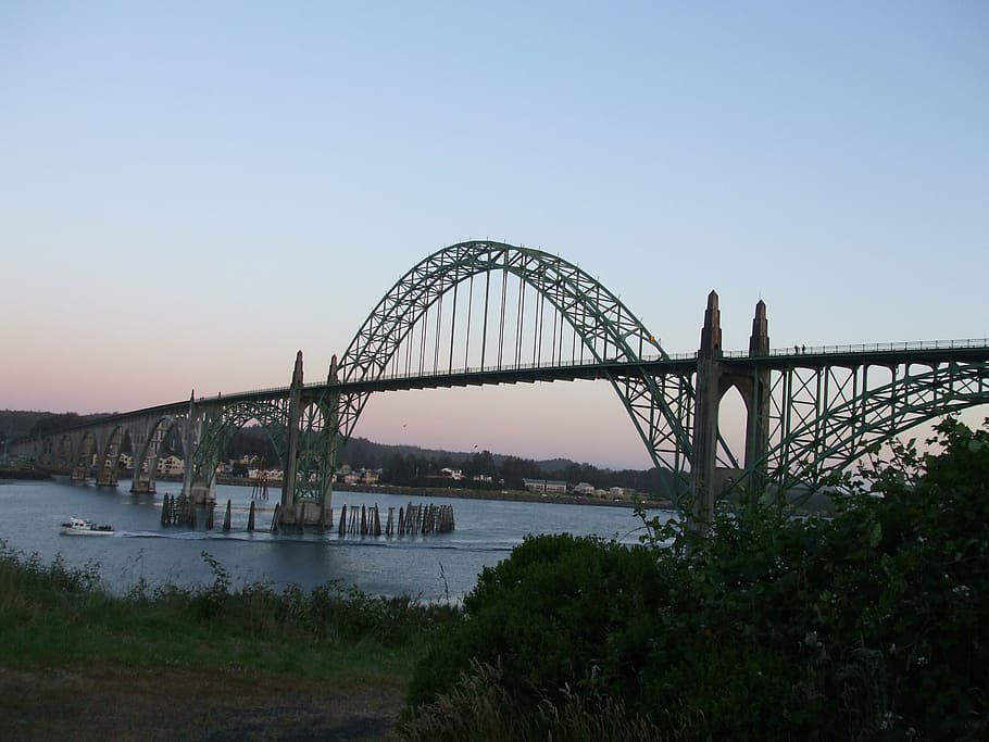 bridge, arch, bay, oregon, steel-arch bridge, harbor, evening HD wallpaper