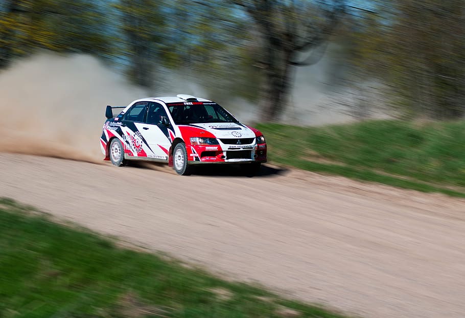 white and red stock car on rough road, racing, dust, summer HD wallpaper