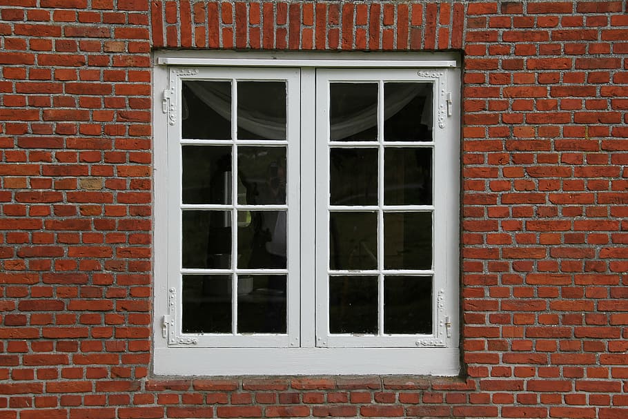 glass window with white wooden frame, old, window glass, brick HD wallpaper