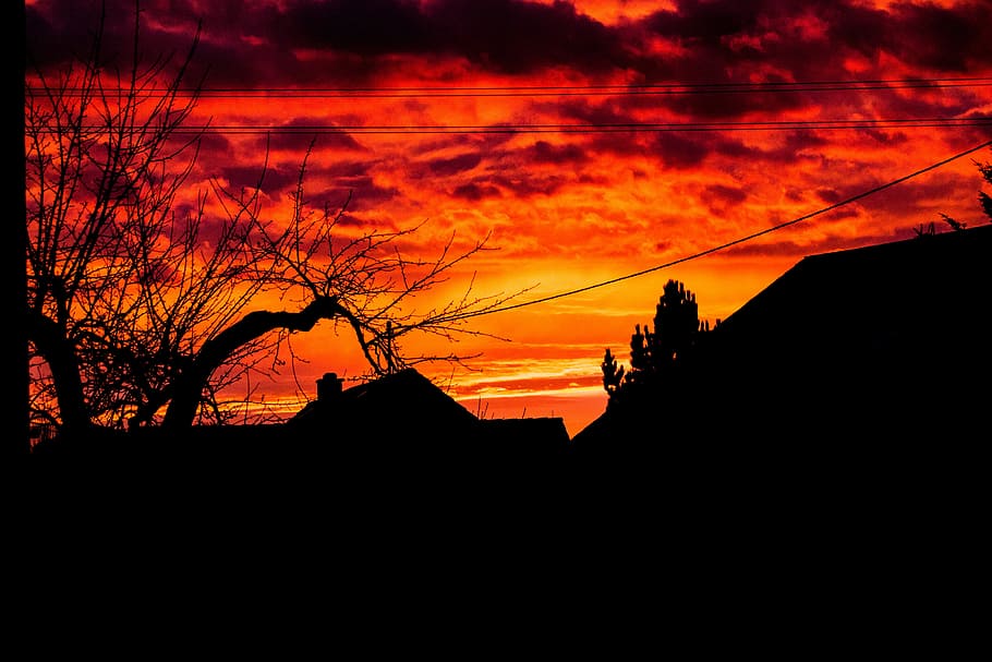 sky, red, dangerous, red sky, glow, clouds, silhouette, black HD wallpaper