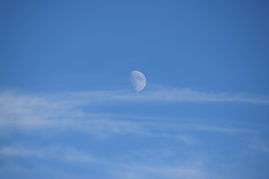 luna, clouds, sky, blue, blue sky, mysterious, moon, nature HD wallpaper
