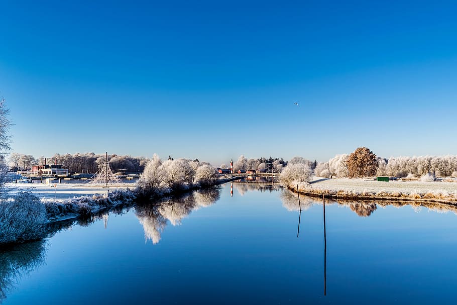 winter, blue, lighthouse, ripe, blue sky, mood, frost, landscape HD wallpaper