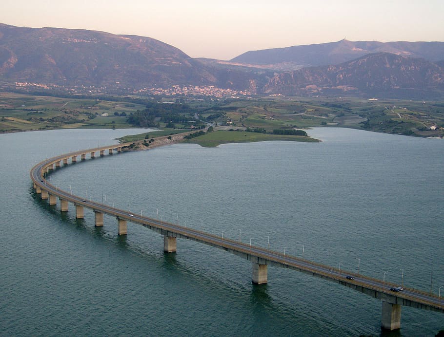 Lake Polyfytos Bridge crossing the lake landscape in Kozani, Greece, HD wallpaper