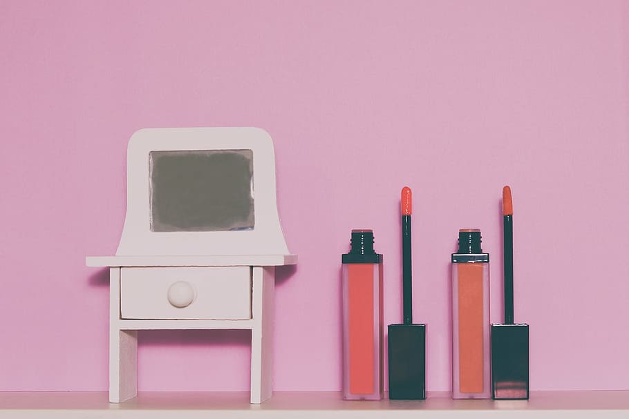 two liquid lipshiners beside white wooden drawer with mirror HD wallpaper