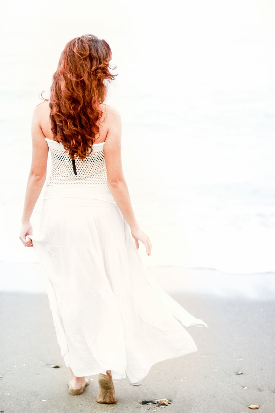 woman in white dress by the seashore photo, ocean, water, waves HD wallpaper