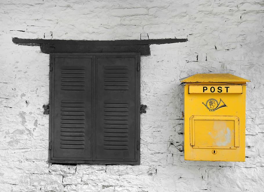 two black and yellow mail boxes, post, traditional, postal, old
