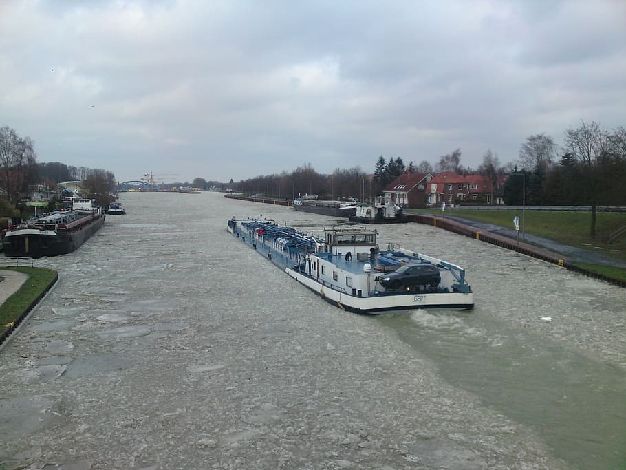 ship, channel, ice, winter, water, frozen, dortmund ems kanal HD wallpaper