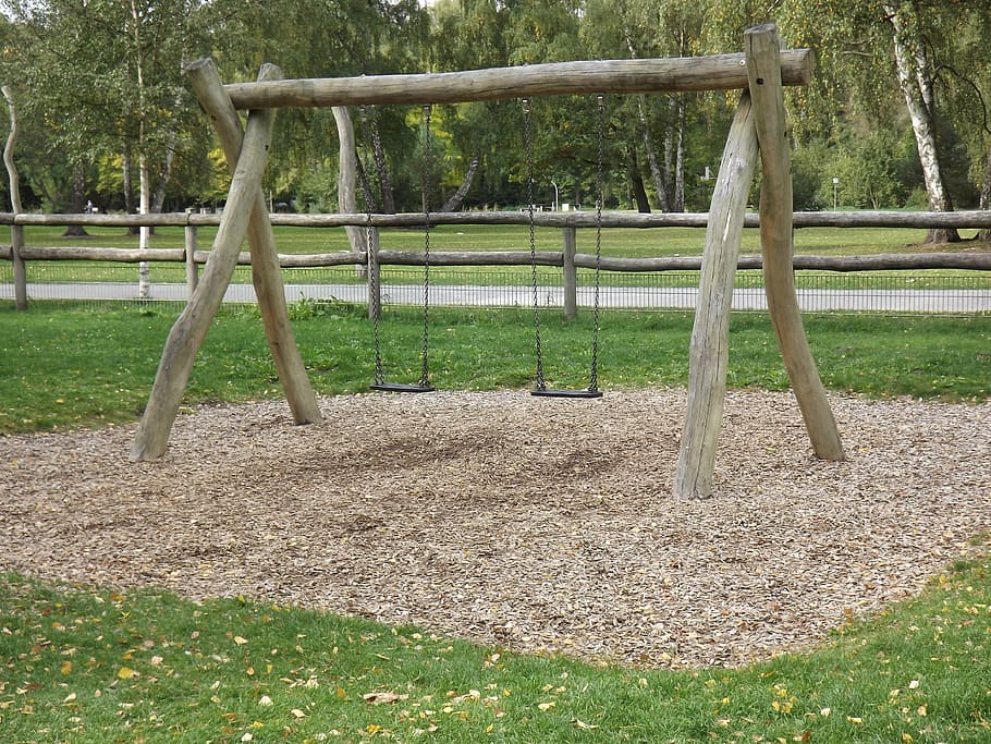playground, children, swing, wood, brown, green, swing device HD wallpaper
