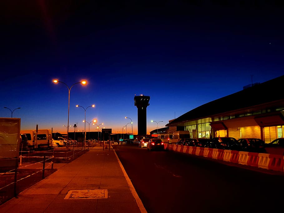 Airport, Control Tower, Sunset, Horizon, night, illuminated, HD wallpaper