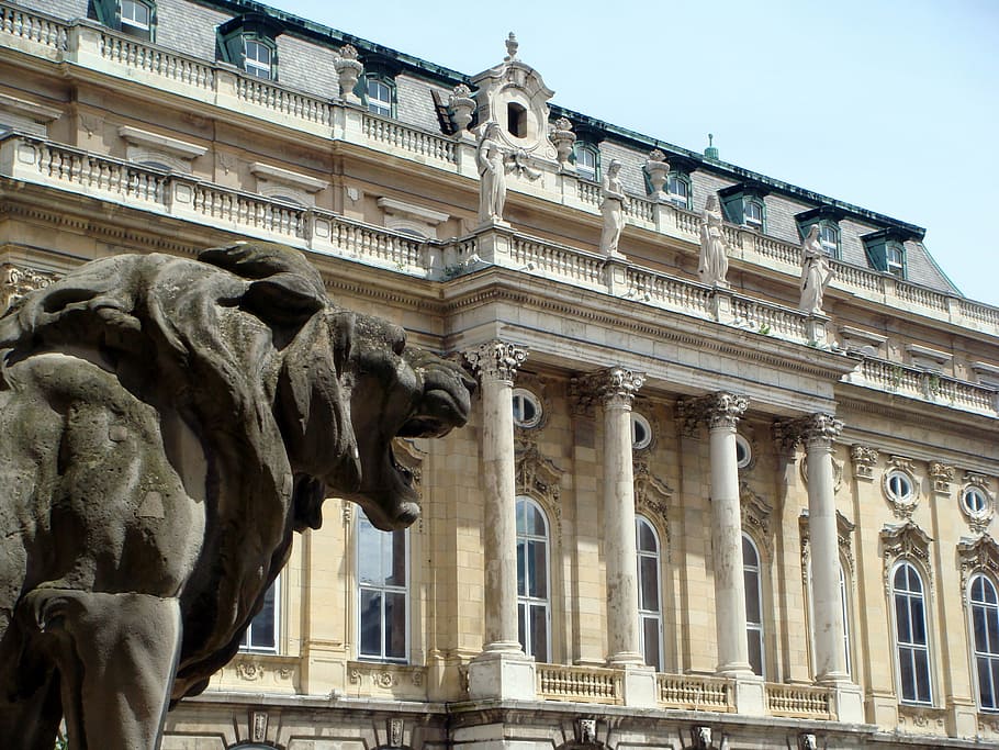 budapest, facade, palace, leon, bronze, sculpture, empress sisi HD wallpaper