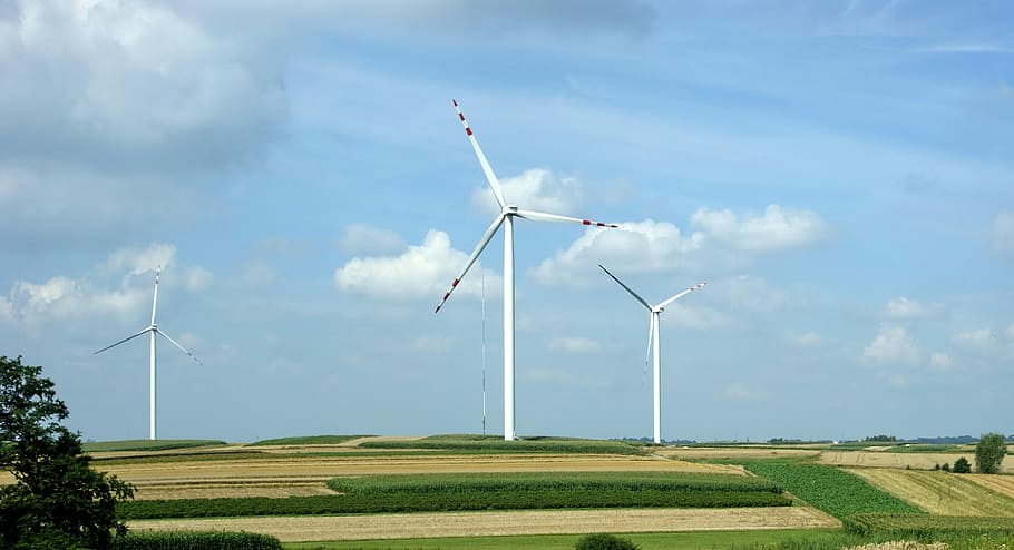 Blue Sky, Clouds, Windmill, windmill farm, landscape, nature HD wallpaper