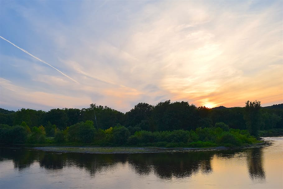 river, sunset, trees, park, water, reflection, landscape, nature HD wallpaper