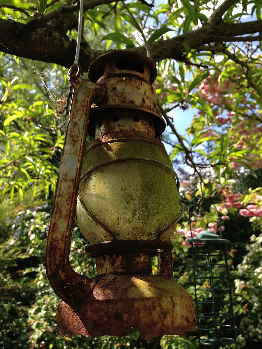 garden, lamp, rust, tree, oil, plant, no people, metal, hanging HD wallpaper