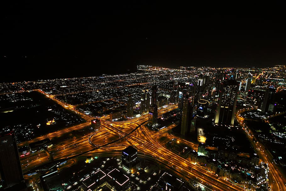 night, junction, view, city, building exterior, cityscape, illuminated HD wallpaper