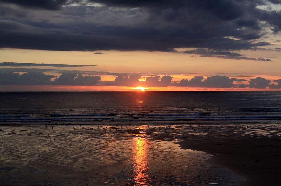 sunset, water, dawn, dusk, sea, cloud, beach, nature, sky, cloud - sky HD wallpaper