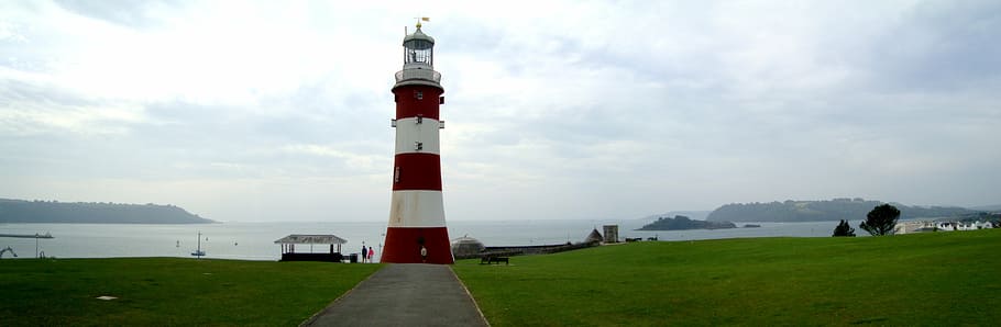 white and red lighthouse, sea, sky, landscape, direction, beacon HD wallpaper