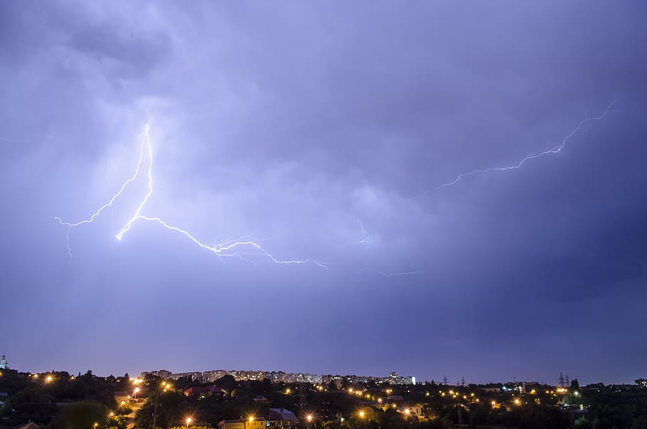 thunderstorm, lightning, clouds, night, flash, city, rain, community HD wallpaper
