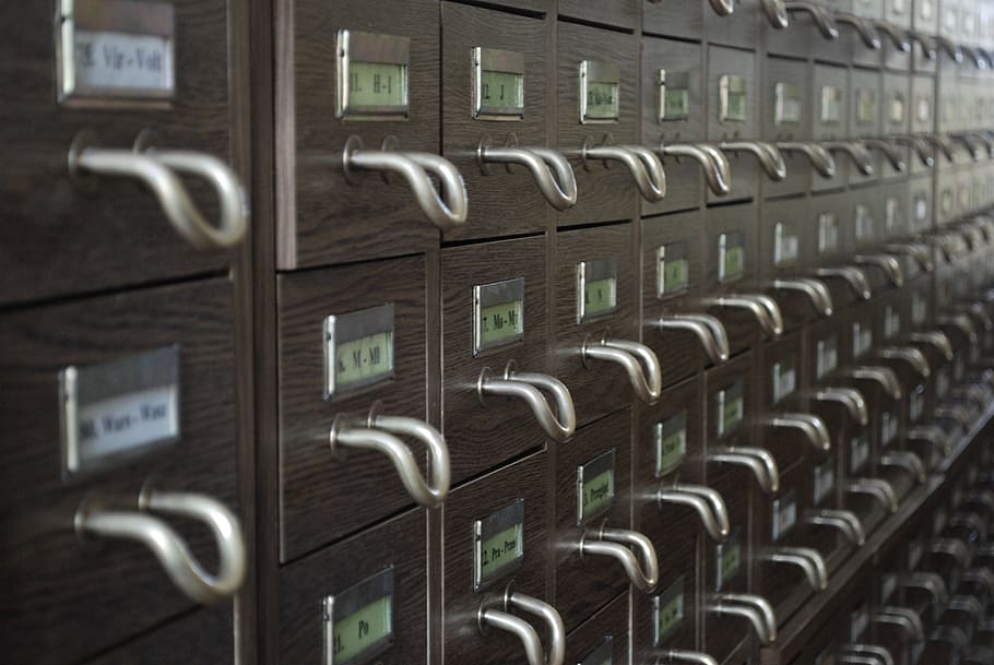 brown wooden index card drawer lot, book, library, education HD wallpaper